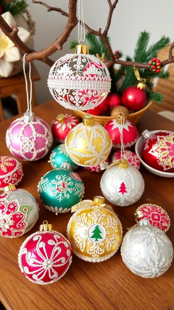A variety of vintage DIY Christmas ornaments with lace, paint, and glitter on a wooden table.